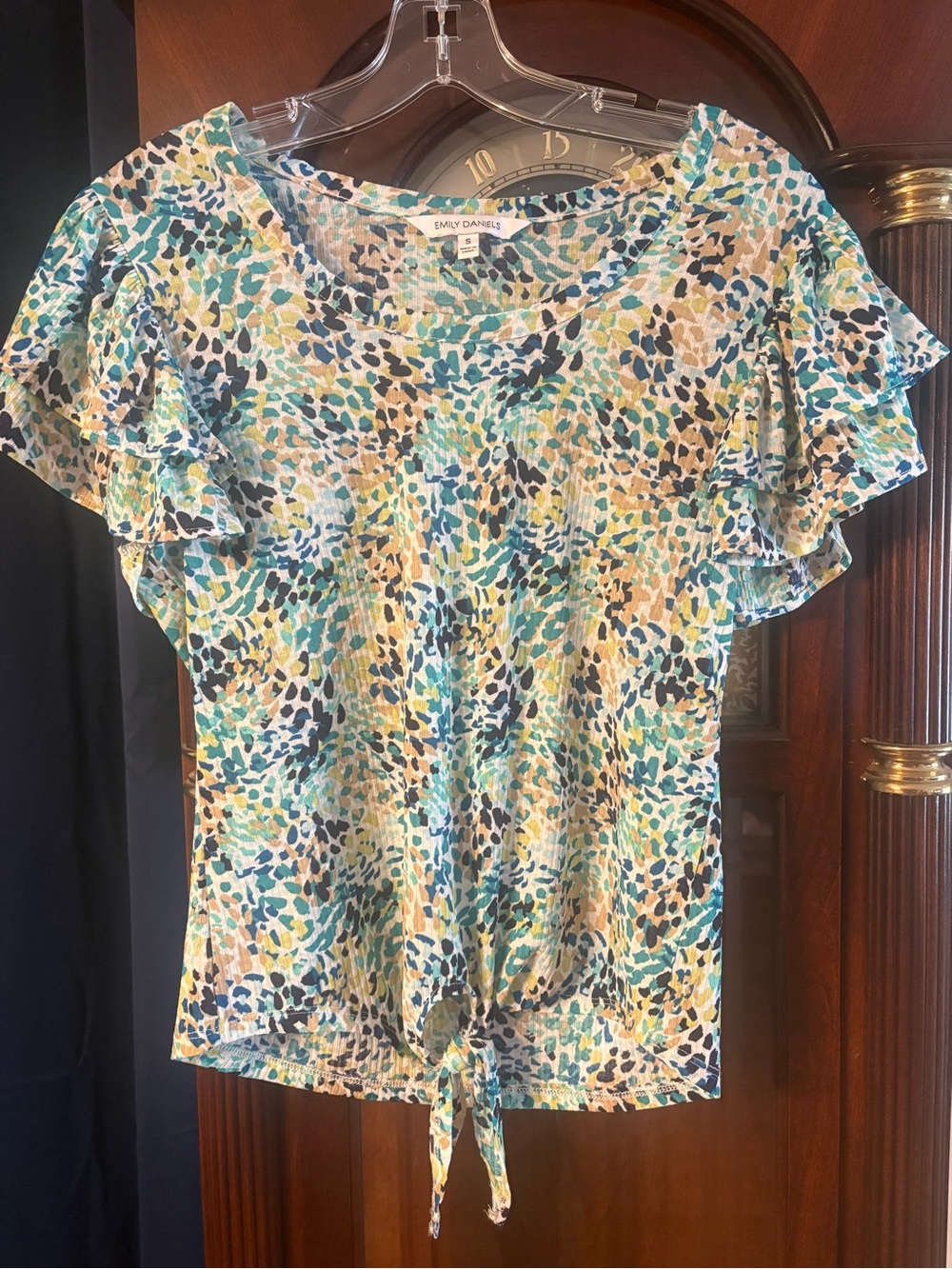 CeCe Multicolor Teal Blue Tan Cream Tie-Front Ruffle Sleeve Top